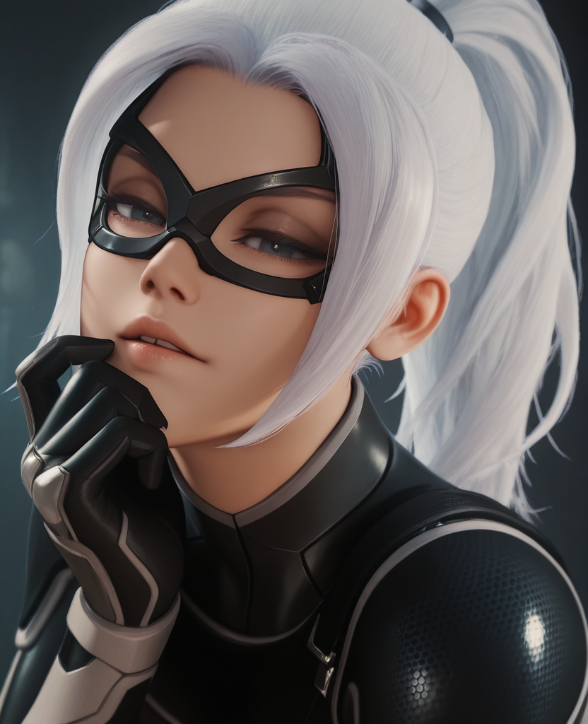highres, absurdres, intricate detail, 3d,  <lora:Black_Cat_V2_ILLUS:1> , blackcat, 1girl, domino mask, white hair, ponytail, long hair, bodysuit, looking at viewer, portrait, hand under chin, parted lips, head up, half-closed eyes,
