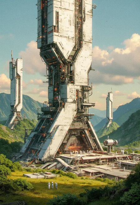 in the style of ck-sfc, detailed photorealistic image, a sci-fi cityscape of colossal buildings and towers in a green lush landscape, situated in a green valley bpunded by mountain slopes, white ceramic surfaces with high-end circuitry, red glowing diodes and lights, large depth of field, sunset, directional lighting, with scientists in spacesuits surrounding it