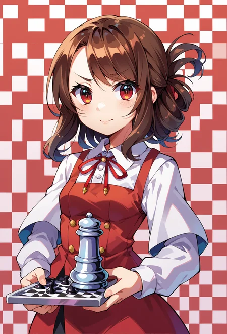 score_9, score_7_up, source_anime, BREAK <lora:kamiya_yuu-Style-PonyXL-GLoRA:0.75> light smile, standing, holding chess piece, checkered background,, frown, 1girl, red eyes, tsurime, brown hair, medium hair, asymmetrical bangs, swept bangs, flipped hair, folded ponytail, small breasts,