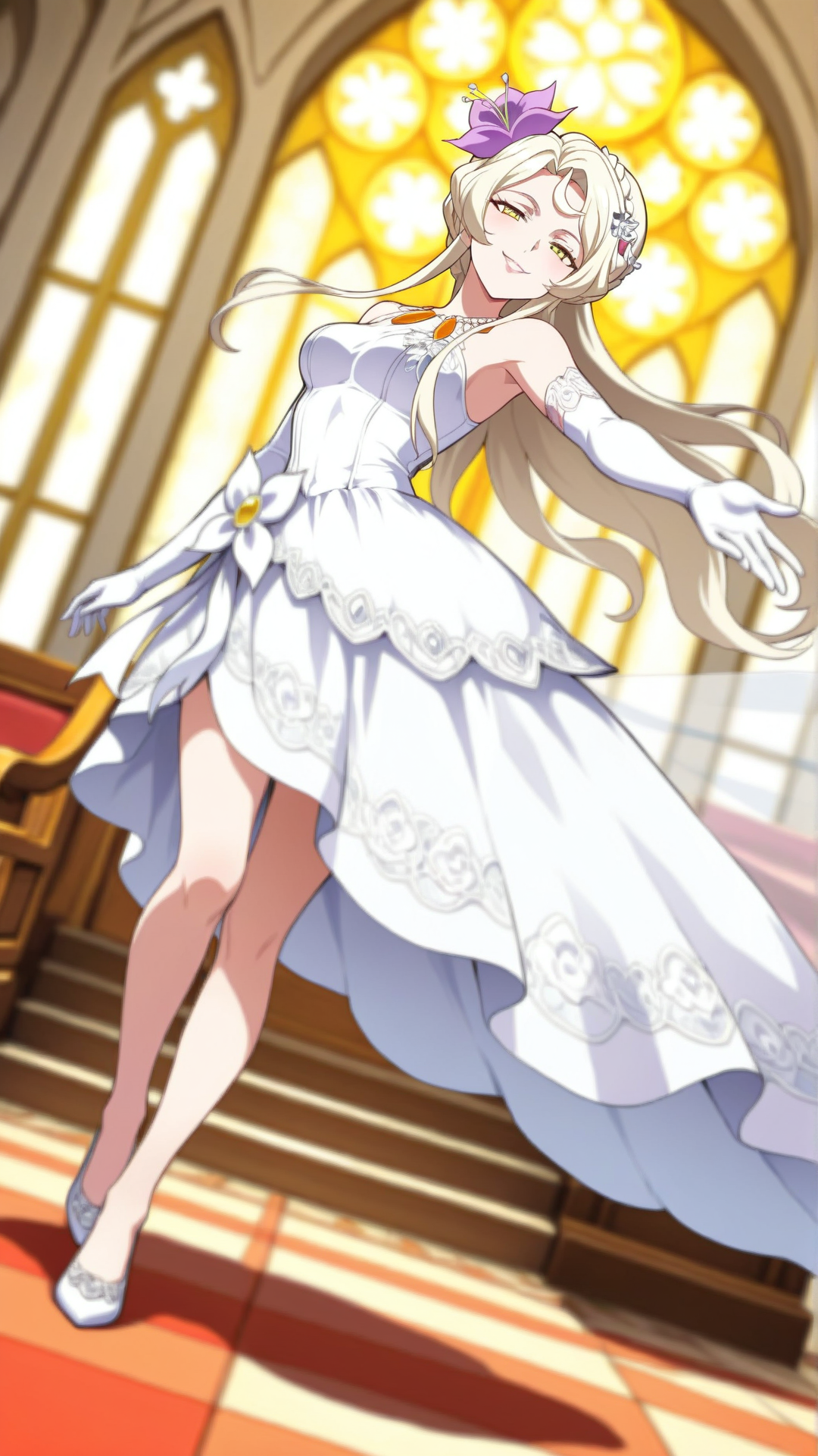 source_anime, general, best quality, masterpiece, 1girl,  <lora:Sasha_ill_v1.0:1> sasha\(scarlet grace\),yellow eyes, long hair, blonde hair,white hair,hair ornament, hair flower, wedding dress,chapel, dynamic pose, dutch angle,seductive smile, smug,  full body,