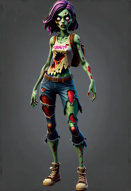 Stylized Teenage female zombie, in torn clothing, full body, Creative, game art, high quality, Fortnite style