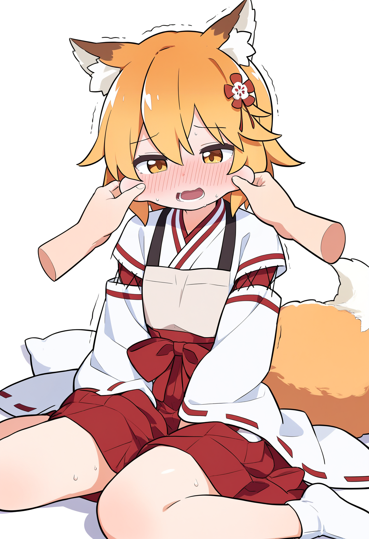 senko \(sewayaki kitsune no senko-san\), pinching, blush, 1girl, blonde hair, cheek pinching, trembling, open mouth, orange eyes, solo focus, sitting, sweat, miko, japanese clothes, ribbon mesh sleeves, lower teeth only, long sleeves, from above, wariza, cheek pull, full-face blush, animal ears, fox ears, fox tail, hair ornament, hair flower, orange hair, short hair, disembodied hand, white background, simple background, 
, masterpiece, best quality, good quality,
<lora:sakurakono_noob-vpred1.0_v2_edm2_p2:1>
