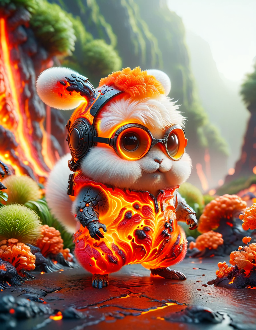 tilt-shift photo of selective focus, miniature effect, blurred background, highly detailed, vibrant, perspective control, natural Tilt Shot (Whimsically artistic) , adorable extra (fluffy: 1.3) chubby miniature pika wearing an ral-lava cyberpunk suit with white furr and helmet wit futuristic googles made of ral-lava, macro photography, (enchanting:1.3), (luminous:1.2), (oversized flora:1.1), mystical, vibrant photography, shimmering light, dreamy, whimsical, serene, soft-focus, hyper-detailed digital art <lora:ral-lava-sdxl-v2:1> ral-lava