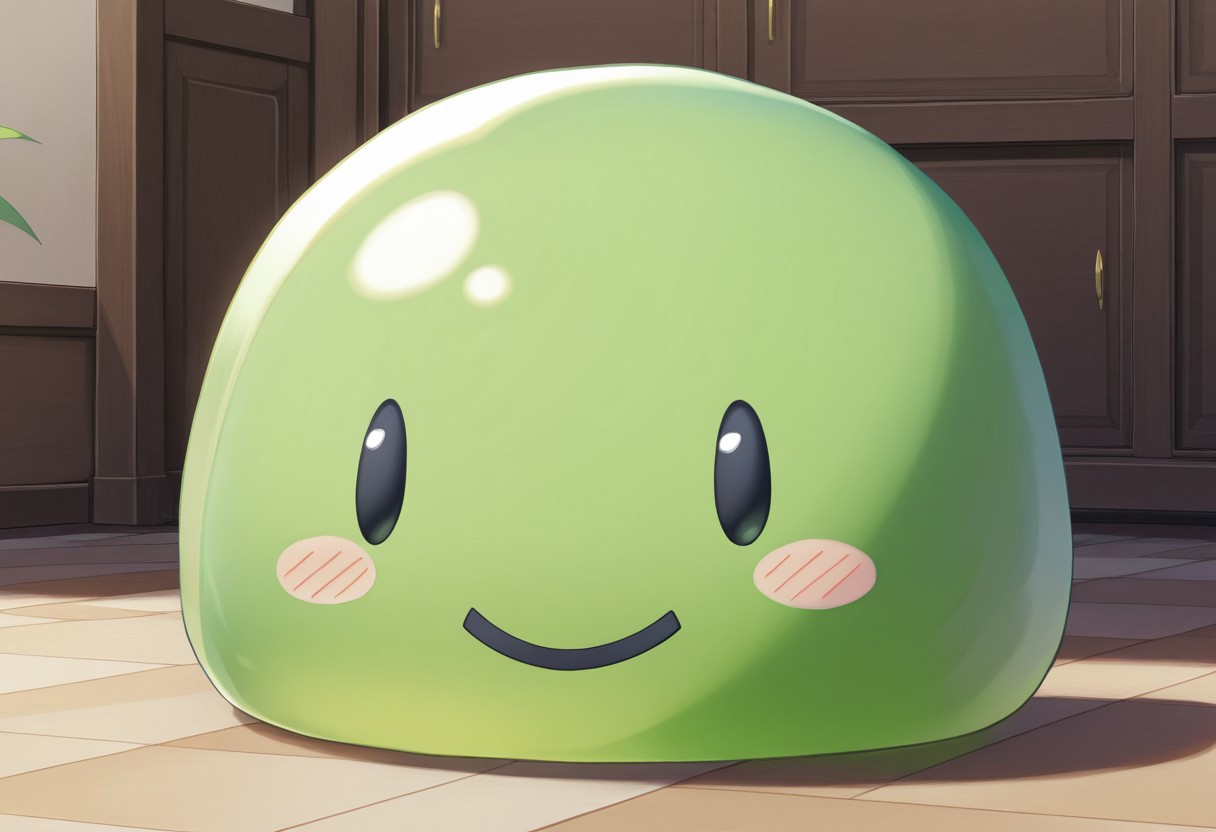 score_9, score_8_up, score_7_up, score_6_up, score_5_up, score_4_up, high quality, (detailed eyes:1.5), (detailed face), ((perfect face)), master piece, best high quality, ultra details, intricate details, male focus, detailed body, detailed background, perfect anatomy, masterpiece, high quality, best quality, amazing quality, very aesthetic, absurdres, puni, round body, green puni, black eyes, blush, smiling, alchemy lab location, short, small, gelatinous