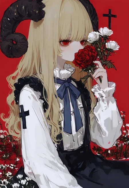 red background, flower, 1girl, solo, horns, long hair, white flower, shirt, red flower, long sleeves, white shirt, holding flower, blonde hair, simple background, rose, holding, red eyes, sitting, red rose, cross, frills, neck ribbon <lora:748cmXL_NBVP1_lokr_V6311P:0.95>
