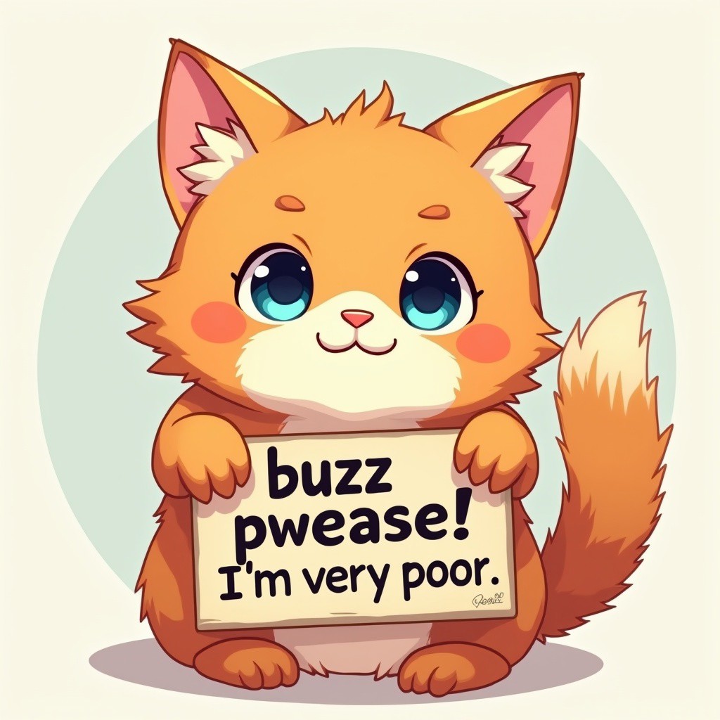 Cat, Cute Cat, Holding a sign that says 'buzz pwease! I'm very poor.' on the front, extremely cute fluffy orange cat with blue eyes, in anime art style, kawaii, detailed, looking at viewer