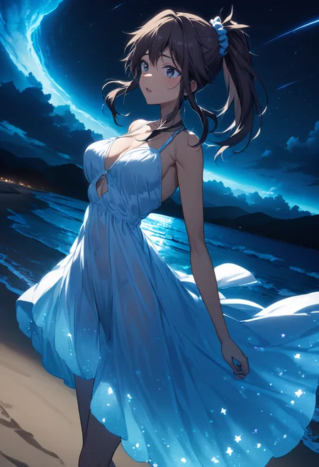 <lora:Glowing_beach:0.6>, 1girl, yuzuri\(memories off 8\), solo, black eyes, hair scrunchie, brown hair, ponytail, one side up, The beach glowed blue, The water glowed blue, sky, milky way, from side, cowboy shot, white summer dress, sandals, glowed dress, blighting dress, midnight, shooting star, starry sky, masterpiece, best quality, official art, extremely detailed, CG unity 8k wallpaper, perfect lighting, cinematic lighting, <lora:yuzuri-1.3:1>, <lora:aesthetic_anime_v1s:1>