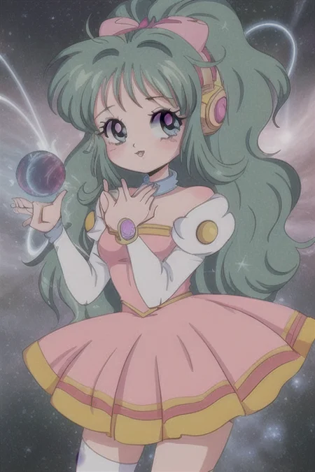 1girl, 80's anime style, <lora:TFM_FTA:0.7>, as a magical girl in the stars, waves, water, planets and galaxies