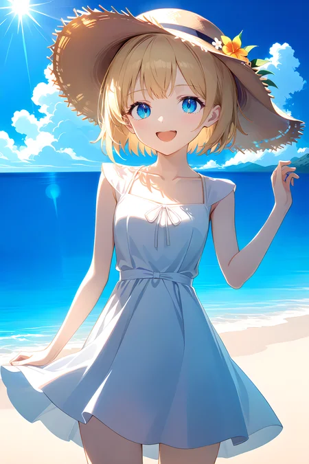 1girl, cowboy shot, standing, short hair, blonde hair, blue eyes, straw hat, white dress, cap sleeves, collarbone, open mouth, smile, outdoors, beach, cloud, blue sky, sunlight <lora:CapSleeves_DoRA:1>