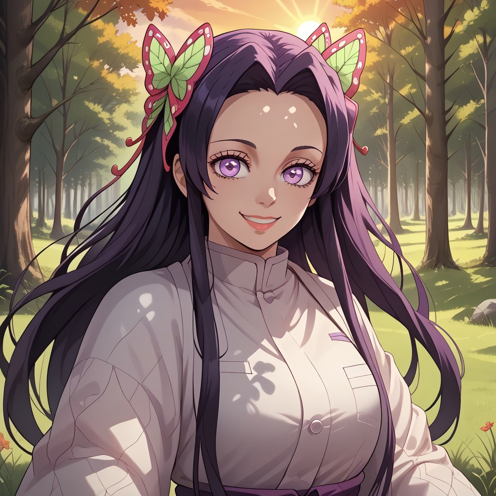score_9, score_8, BREAK, solo, Kanae Kocho, long dark hair, violet eyes, busty, beautiful, haori, sexy pose, self portrait, smile, outdoors, sunlight, shadows, evening lighting, natural lighting, forest, trees, grass, orange sky, sunset