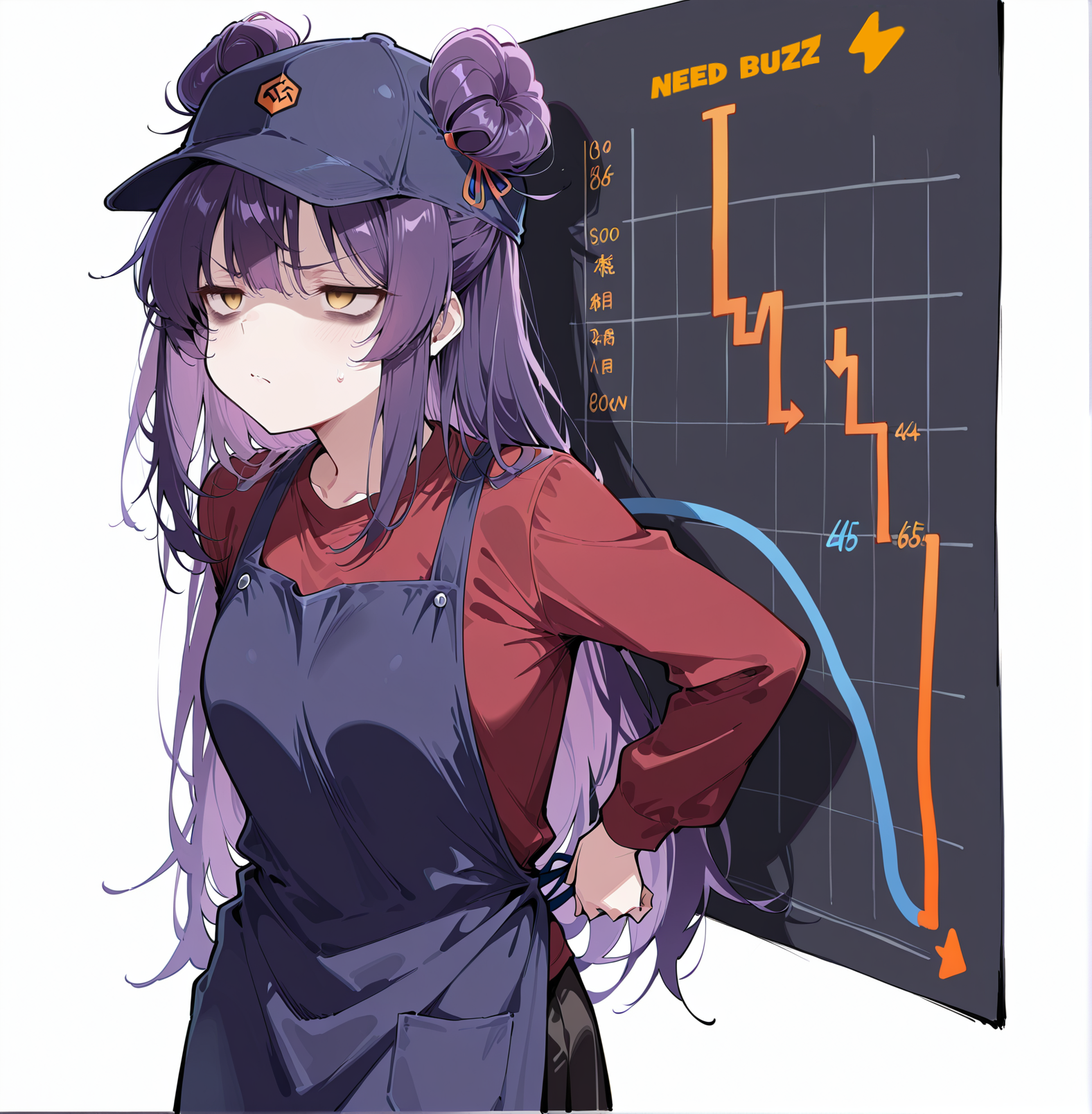 (masterpiece), (best quality), (ultra-detailed), (best illustration), (best shadow), (absurdres), (very aesthetic), 1girl, solo, <lora:Rein:1>, rein, purple hair, yellow eyes, long hair, hair buns, small breasts, empty eyes, tying apron, cap, red shirt, stock chart, orange lightning logo, white background, bags under eyes, displeased, sighs, stock chart with text "buzz", stock char downfall, stock falling