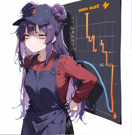 (masterpiece), (best quality), (ultra-detailed), (best illustration), (best shadow), (absurdres), (very aesthetic), 1girl, solo, <lora:Rein:1>, rein, purple hair, yellow eyes, long hair, hair buns, small breasts, empty eyes, tying apron, cap, red shirt, stock chart, orange lightning logo, white background, bags under eyes, displeased, sighs, stock chart with text "buzz", stock char downfall, stock falling