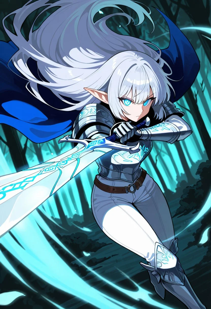 score_9, score_8_up, score_7_up, breathtaking, masterpiece, best quality, newest, absurdres, highres, embedding:lazypos, 1girl, solo, elf, long silver hair, glowing blue eyes, intricate silver armor, enchanted sword, battle-ready stance, flowing blue cape, delicate elven features, ornate pauldrons, magical runes, moonlit forest, mystical aura, soft ethereal glow, fantasy setting, detailed background, depth of field, dynamic pose, dramatic composition, foreshortening, detailed background, dynamic pose, dynamic composition,dutch angle, detailed backgroud,foreshortening,blurry edges, by saniiwan, by abbey and bear