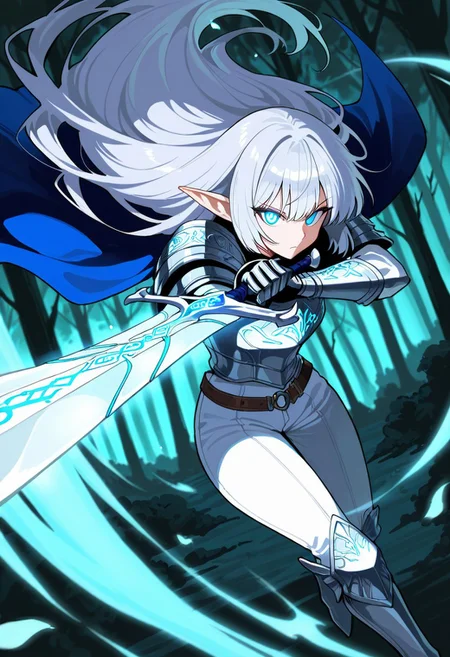 score_9, score_8_up, score_7_up, breathtaking, masterpiece, best quality, newest, absurdres, highres, embedding:lazypos, 1girl, solo, elf, long silver hair, glowing blue eyes, intricate silver armor, enchanted sword, battle-ready stance, flowing blue cape, delicate elven features, ornate pauldrons, magical runes, moonlit forest, mystical aura, soft ethereal glow, fantasy setting, detailed background, depth of field, dynamic pose, dramatic composition, foreshortening, detailed background, dynamic pose, dynamic composition,dutch angle, detailed backgroud,foreshortening,blurry edges, by saniiwan, by abbey and bear