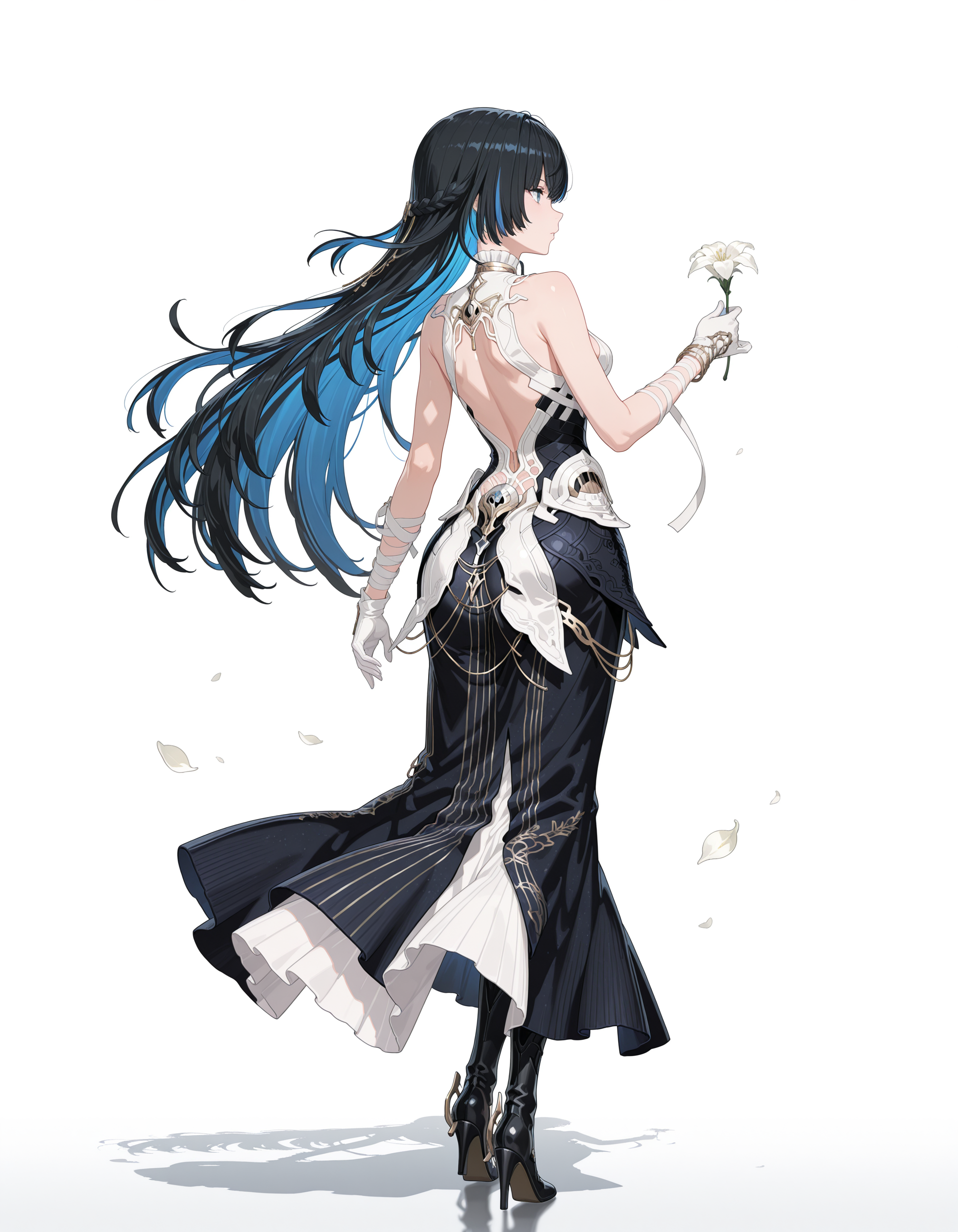 masterpiece,best quality,amazing quality,very aesthetic,high resolution,ultra detailed,perfect details,<lora:my-lora:1>,mai_style,
1girl,bandaged_arm,bandages,bare_shoulders,black_dress,black_hair,blue_eyes,blue_hair,boots,colored_inner_hair,gloves,high_heels,jewelry,long_hair,multicolored_hair,solo,streaked_hair,very_long_hair,white_dress,white_flower,white_gloves,
<lora:mai_pgr_selena_xs:0.7>,mai_pgr_selena_xs,standing,simple background,white background,full body,back,looking to the side,