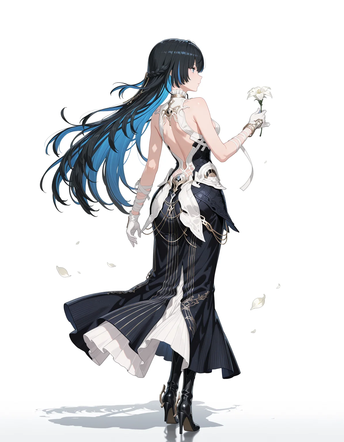 masterpiece,best quality,amazing quality,very aesthetic,high resolution,ultra detailed,perfect details,<lora:my-lora:1>,mai_style,
1girl,bandaged_arm,bandages,bare_shoulders,black_dress,black_hair,blue_eyes,blue_hair,boots,colored_inner_hair,gloves,high_heels,jewelry,long_hair,multicolored_hair,solo,streaked_hair,very_long_hair,white_dress,white_flower,white_gloves,
<lora:mai_pgr_selena_xs:0.7>,mai_pgr_selena_xs,standing,simple background,white background,full body,back,looking to the side,