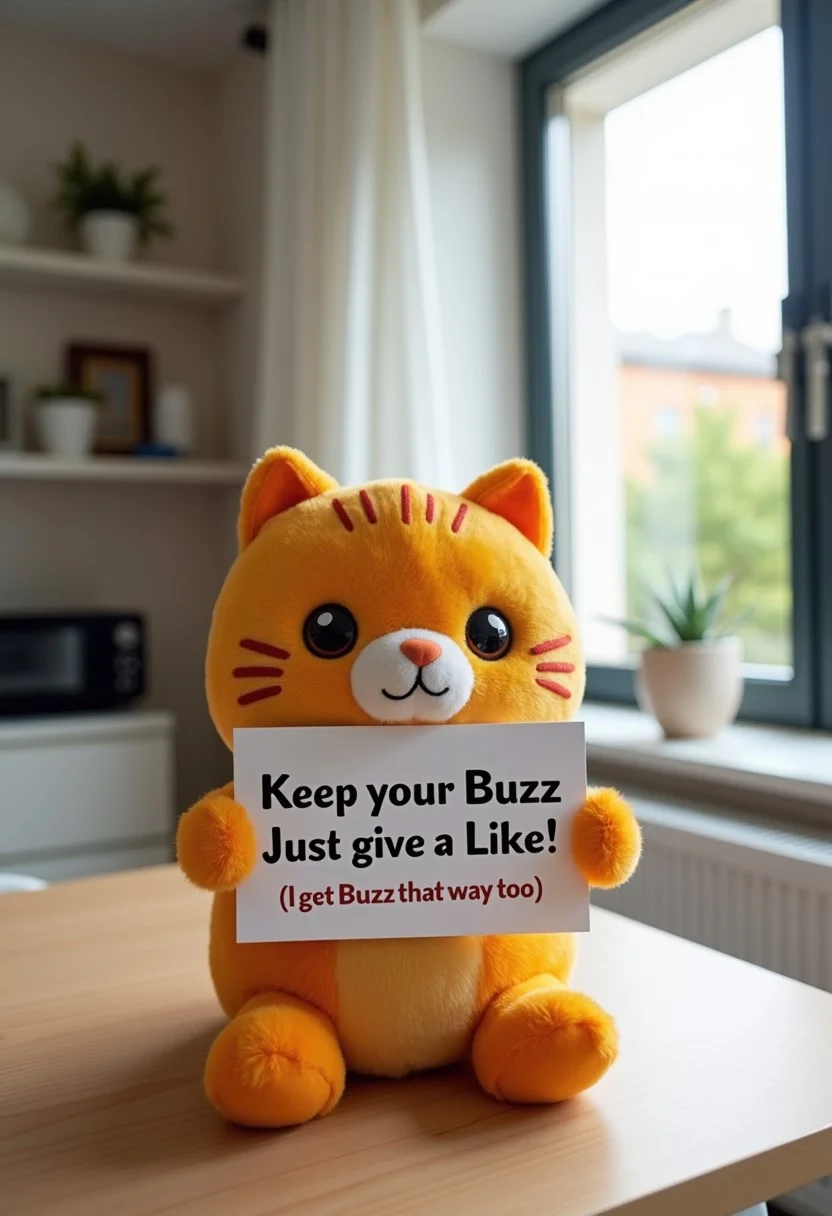 A cute plush cat, holding a sign that says "Keep your Buzz. Just give a Like!" and with smaller text "(I get Buzz that way too)", photograph sitting on a desk in a modern apartment