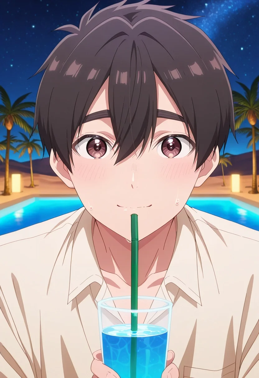 masterpiece, best quality, , anime screencap, , , looking at viewer, 1boy, solo, male focus, <lora:rentarou_aijou_ilxl:0.96>, rentarou_aijou, black hair, brown eyes, short hair, hair between eyes, bangs, desert oasis, palm trees, clear pool, starry sky, drinking water, relieved expression, night, oxford shirt,