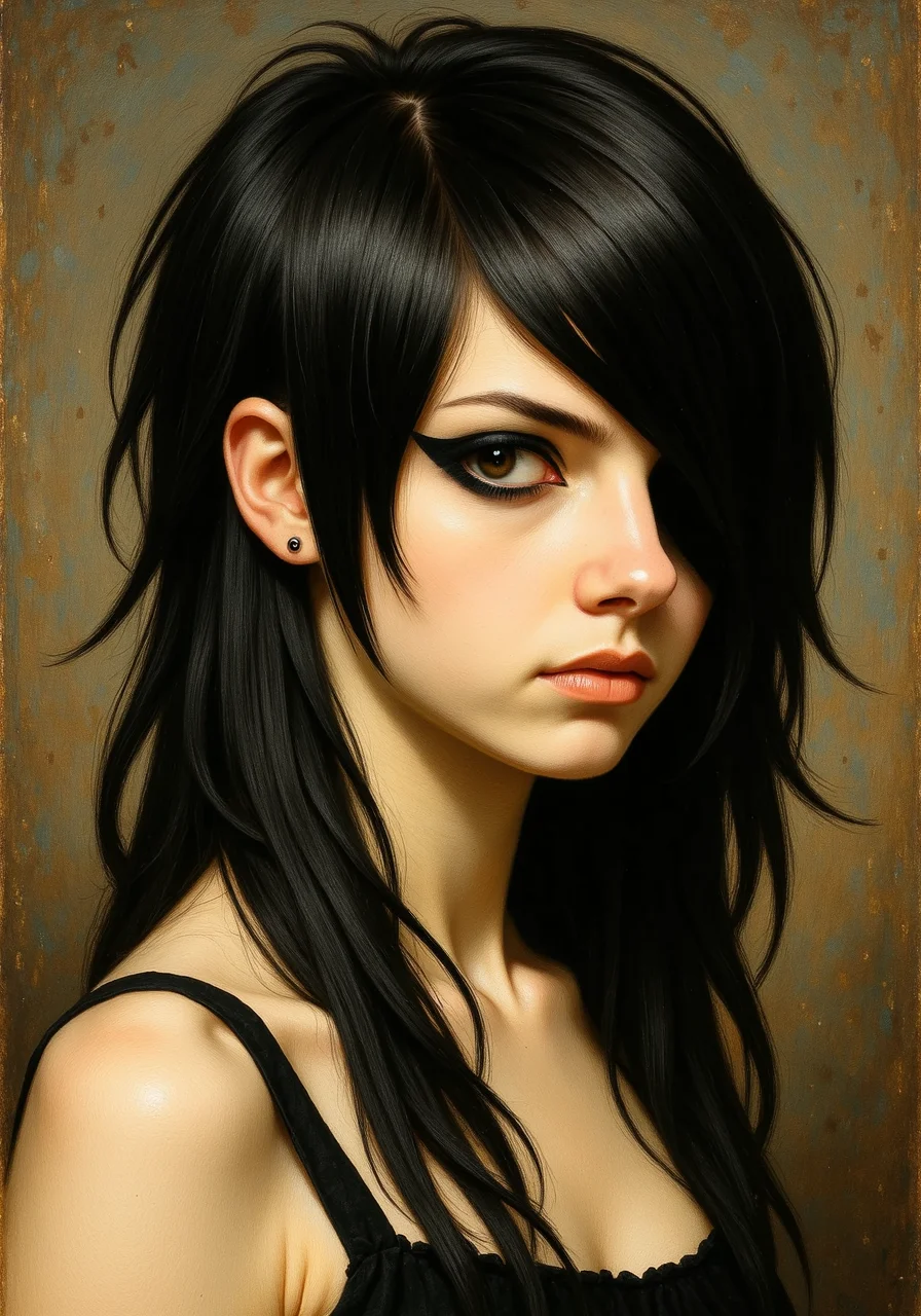 renaissance oil painting of a young woman in a victorian sleeveless dress She has a distinctive 2000s scene/emo haircut: thick, sharply angled bangs that sweep across one eye, with long layered strands and long sidelocks that drape in front of her shoulders. Her intense eyes are framed by bold black winged eyeliner.<lora:2000s_Scene_Emo_Hair.safetensors:1.0:1.0>
