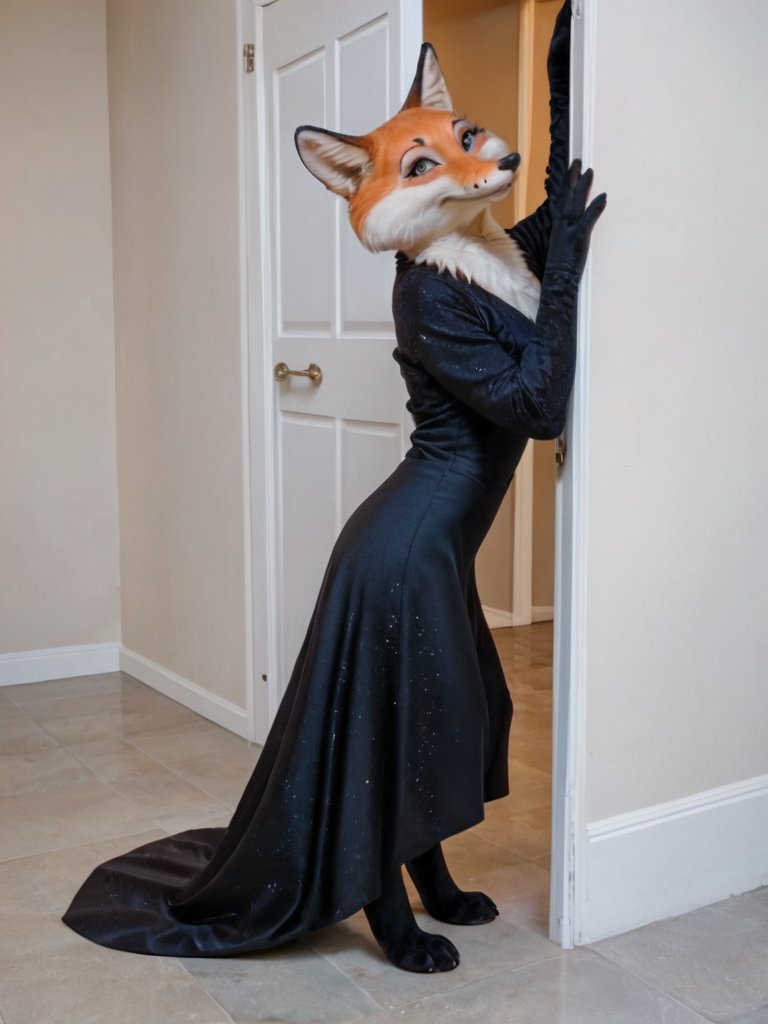 Score_9, score_8_up, goth style, fullbody, freezes furry 1girl fox lisichka_b in doorway, highly detailed, masterpiece, extreme detailed, hyperrealistic, masterpiece, detailed fur, beautiful fur, beautiful eyes, cute face, <lora:Lisichka:0.7>, by Ivan Shishkin, cinematic