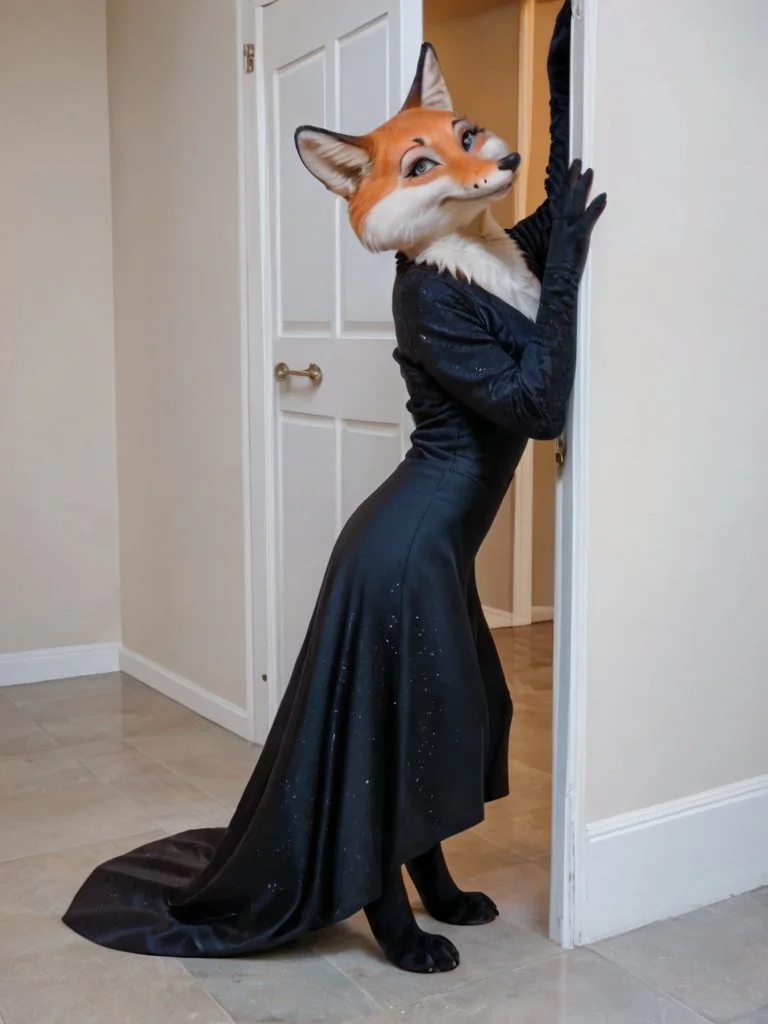 Score_9, score_8_up, goth style, fullbody, freezes furry 1girl fox lisichka_b in doorway, highly detailed, masterpiece, extreme detailed, hyperrealistic, masterpiece, detailed fur, beautiful fur, beautiful eyes, cute face, <lora:Lisichka:0.7>, by Ivan Shishkin, cinematic