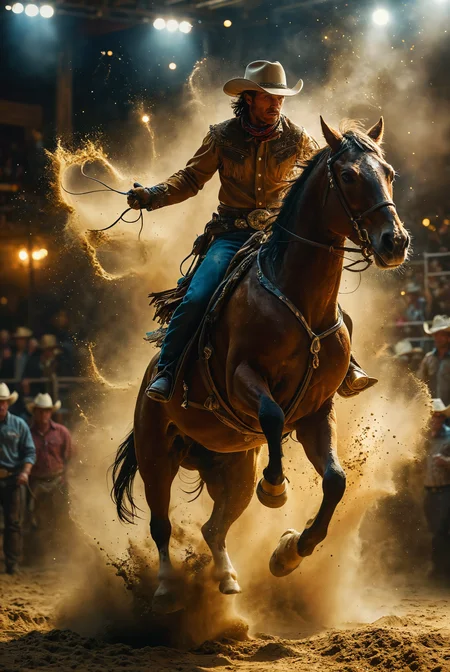 Rodeo spectacle. action packed scene. a cowboy riding a furious horse in an indoor arena. dynamic jumping pose. swirling sand. the crowd cheering. popping of flashbulbs. flashlights.
photography, Natural geographic photo, Hyper-realistic, 16k resolution, (masterpiece, award winning artwork), many details, extreme detailed, full of details, Wide range of colors, high Dynamic,
<lora:MJ52:0.5> <lora:add-detail-xl:2> <lora:SDXLFaeTastic2400:0.5> Faetastic