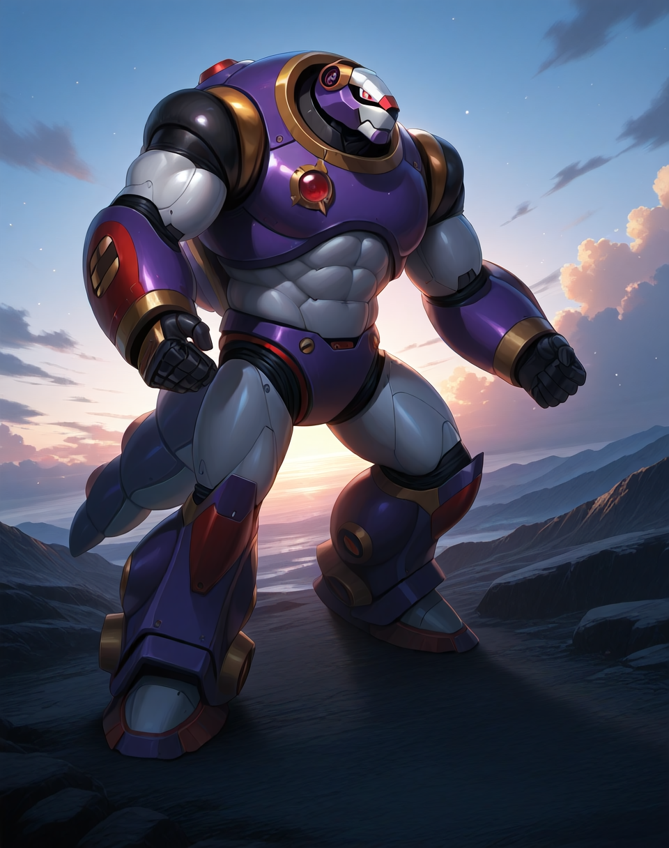 <lora:Armored_Armadillo_(Mega_Man_X)_(Illustrious)_(AD):1.35> Armored Armadillo, reploid, MMX, 
((
exterior, video game background, sky with clouds, 
male focus, intense shadows, dynamic shadows, intricate details, attention to details, gradient coloring, robot, hyper muscular, abs, 
):1.5), 
BREAK very awa, masterpiece, best quality, amazing quality, very aesthetic, highres, absurdres, 
EZRealPONYXL, zPDXL, Smooth Quality, lazynsfw,