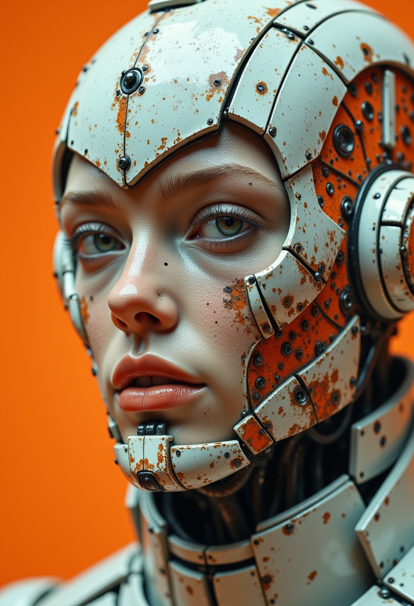 cpstyle01. The image is a high-resolution CGI rendering, focusing on the lower half of a woman's face and upper neck. She is an albino, with pale, almost translucent skin and lips painted in a muted, faded orange-red. She wears a futuristic, high-tech helmet or mask with intricate, angular designs. The helmet is predominantly white, with washed-out orange accents that give it a naturally aged, dystopian, and slightly vintage appearance. The metallic surface appears worn, as if exposed to time and harsh environments. The design blends biomechanical and organic elements, with faded orange lines tracing the contours of the armor like remnants of a lost era.
The helmet frames her delicate features, covering her upper jaw and extending down to the collar, creating a striking contrast between her ethereal, human skin and the advanced yet weathered armor. The background is a desaturated, sun-bleached orange, fading into soft shadows, reinforcing the sense of a dystopian, forgotten world. The material of the armor reflects only subtle, diffused light, enhancing the vintage and melancholic atmosphere.