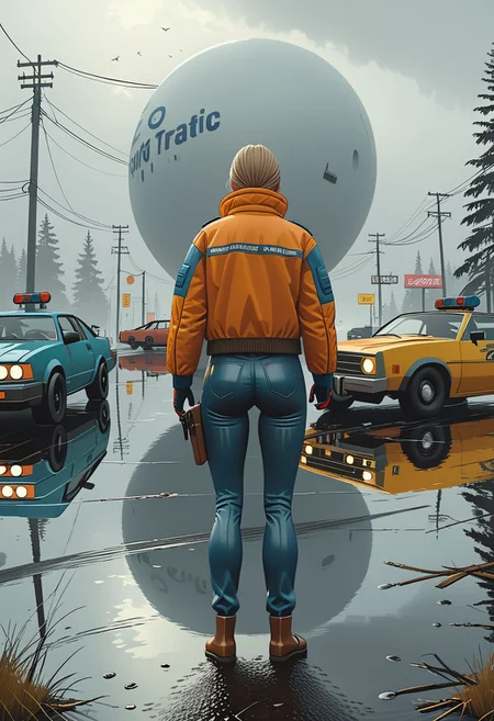 Cinematic.
An action movie poster: "GRAND THEFT AUTO WOMAN".
Many details everywhere. Ray-Tracing. Anti-Aliasing. Realistic reflections. Realistic soft shadows.
Slightly desaturated colors. 
Insane quality. Insane resolution. Insane details. Masterpiece.
16k resolution
By Simon Stalenhag.