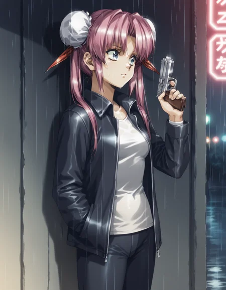 score_9,  score_8_up, score_7_up
<lora:louise-fallsmyer-ponyxl:1> fallsmyer, long hair, twintails, hair ribbon, double bun, bun cover,
black jacket, white shirt, black pants, cowboy shot, confident, outdoors, rain, handgun, against wall, hiding, neon lights