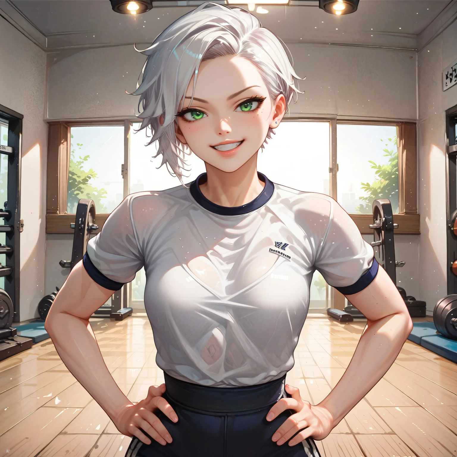 score_9, score_8_up, score_7_up,runa,white hair, green eyes, athletic, pale skin, close-up, gym uniform, gym, hands on own hip, light smile, indoors, <lora:Expressive_H:0.8><lora:Runa-V2:0.8>