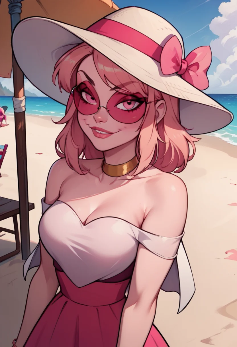 score_9, score_8_up, score_7_up, <lora:miss_heed:1> missheedxl, 1girl, pink hair, pink skin, pink eyes, sunglasses, medium breasts, on the beach, white summer dress, summer hat,
