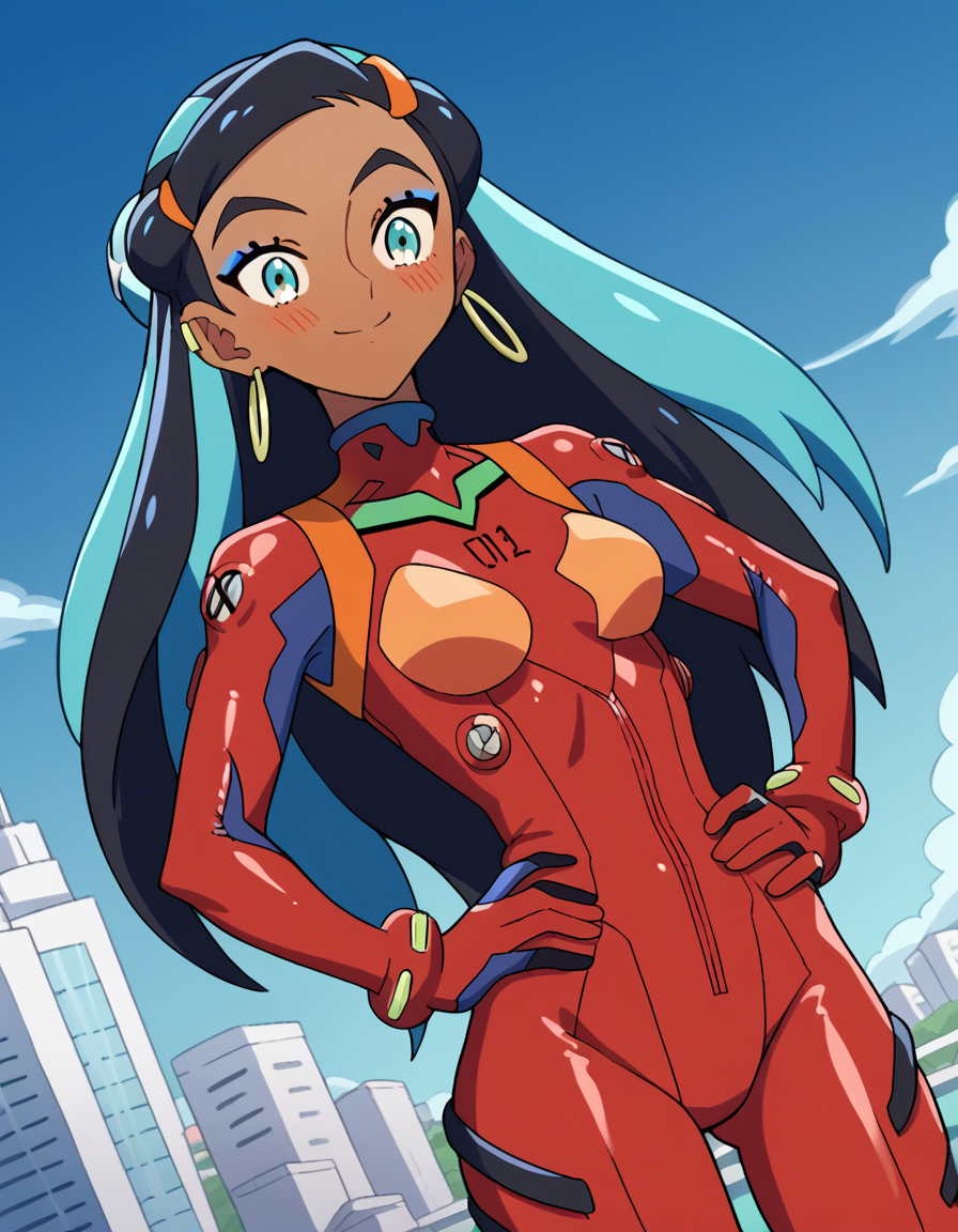 score_9, score_8_up, score_7_up, source_anime, <lora:pokemon-nessa-twilight-wings-ponyxl-lora-nochekaiser:1>, pokemonnessa, aqua eyes, eyeshadow, dark skin, dark-skinned female, hair bun, hair ornament, makeup, long hair, sidelocks, single hair bun, thick eyebrows, black hair, aqua hair, streaked hair,, <lora:souryuu-asuka-langley-cosplay-ponyxl-lora-nochekaiser:1>, souryuuasukalangleycosplay, souryuu asuka langley (cosplay), bodysuit, pilot suit, plugsuit, red bodysuit, interface headset,, cityscape, smile, blush, hands on hips,, , cowboy shot, dutch angle