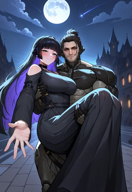 masterpiece, best quality, newest, absurdres, highres, night, dim light, dark, 1boy, <lora:JetstreamSam_illusXL_Incrs_v1:0.8>, JetstreamSam, brown eyes, cyborg, bodysuit, headgear, beard, black armor, smirk, princess carry, 1girl, pa-san, green eyes, purple colored inner hair, large breasts, ear piercing, hime cut, choker, black dress, long dress, shoulder cutout, sleeves, cloud, moon, full moon, Hogwarts, castle hill, street, shooting star, looking at viewer, blush, light smile, closed mouth, (mature female:0.65), reaching towards viewer, foreshortening,