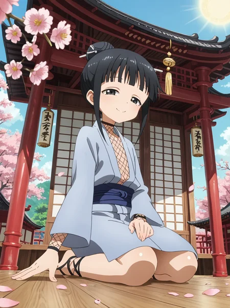 detailed background, shiny skin, posing, rating safe,
<lora:mokuren.pony:1.0>,
mokuren, 
tree, sit, low angle, looking at viewer, sun glare, half-closed eyes, happy, kneeling, 
flower, petals, 
oriental architecture, 
wooden floor, hand on floor,