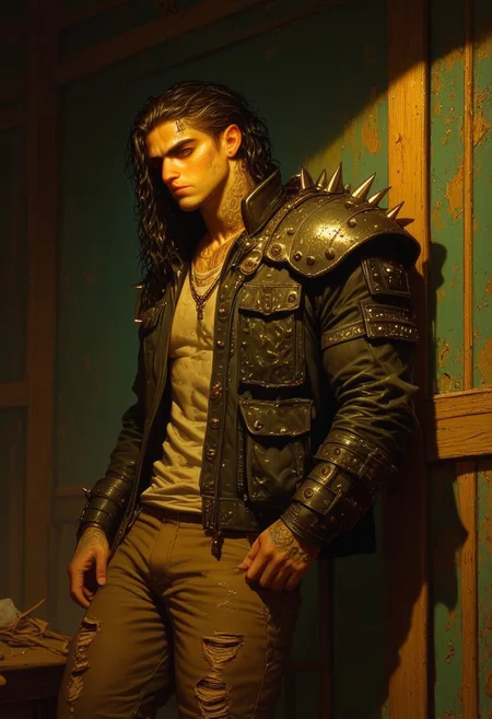 score_9, score_8_up, score_7_up, best quality, fine detail, digital painting, 1boy, solo, long curly wet black hair, muscular, black leather jacket with spikes, shoulder pad, handsome, standing, wearing ripped jeans, wrinkled clothing, worn out tattered clothing, relaxing, carefree, melancholy, very detailed background, gritty, green background, chipped paint, amber lighting, deep shadows, vivid detail, interesting composition, 8K, UHD, goonguy