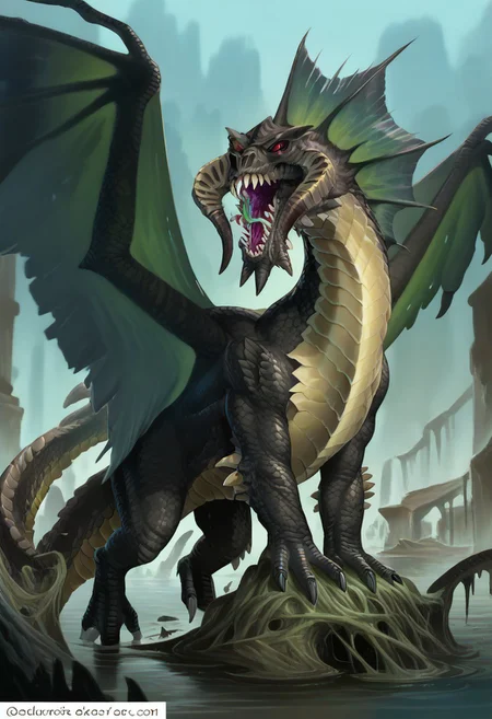 (score_9, score_8_up, score_7_up, score_6_up),(EasyNegativeV2:1.3),
PonyXLV6_Scores, detailed,source_furry, rating_safe,
dnd_dragon, dragon, Feral, dragon, sharp teeth, open mouth, claws, horns, tail, solo, monster, red eyes, curved horns, blackdrg, (dragon tail), membraned wings, wings, high quality, huge, (black scales:1.5), bog , swampy ruins background, membraned wings, wings, fangs, claws, wings,