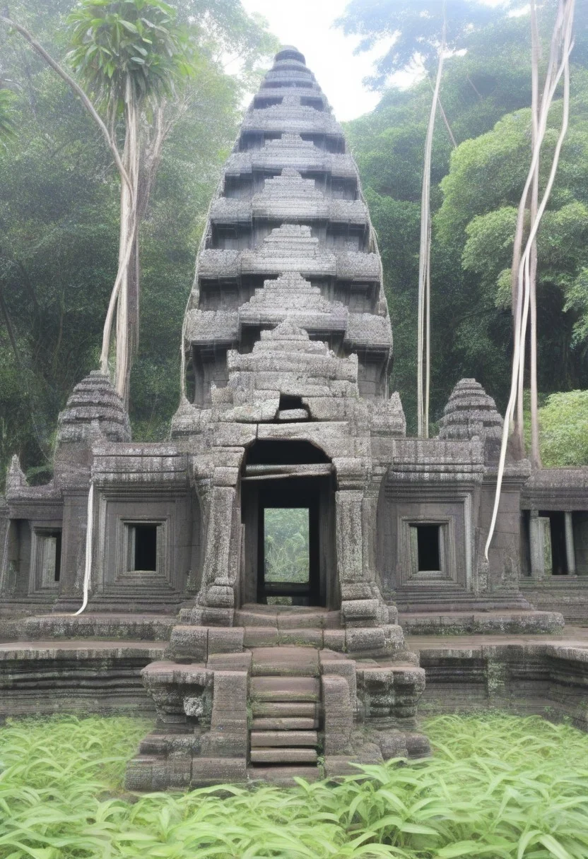high quality, high resolution, extremely detailed, no humans, made of,tiny neon glass filaments,w0gf1l, Angkol, ruins, outdoors, jungle,