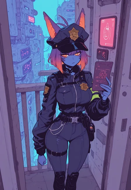 score_9, score_8_up, score_7_up, masterpiece, best quality, very aesthetic, 1girl, incoth, (incase:0.6), detailed face, (dynamic), (mature, curvy:0.1), alien girl, colored skin, colored hair, slanted bob, huge animal ears, antenna, police outfit, police hat, holding out badge, showing off passport, pass, police badge, identification, apartment doorway, futuristic, sci-fi, sci-fi background, apartment-complex, cyberpunk, bored, (annoyed:0.6), balcony, display, orange eyes, white pupils, looking at viewer