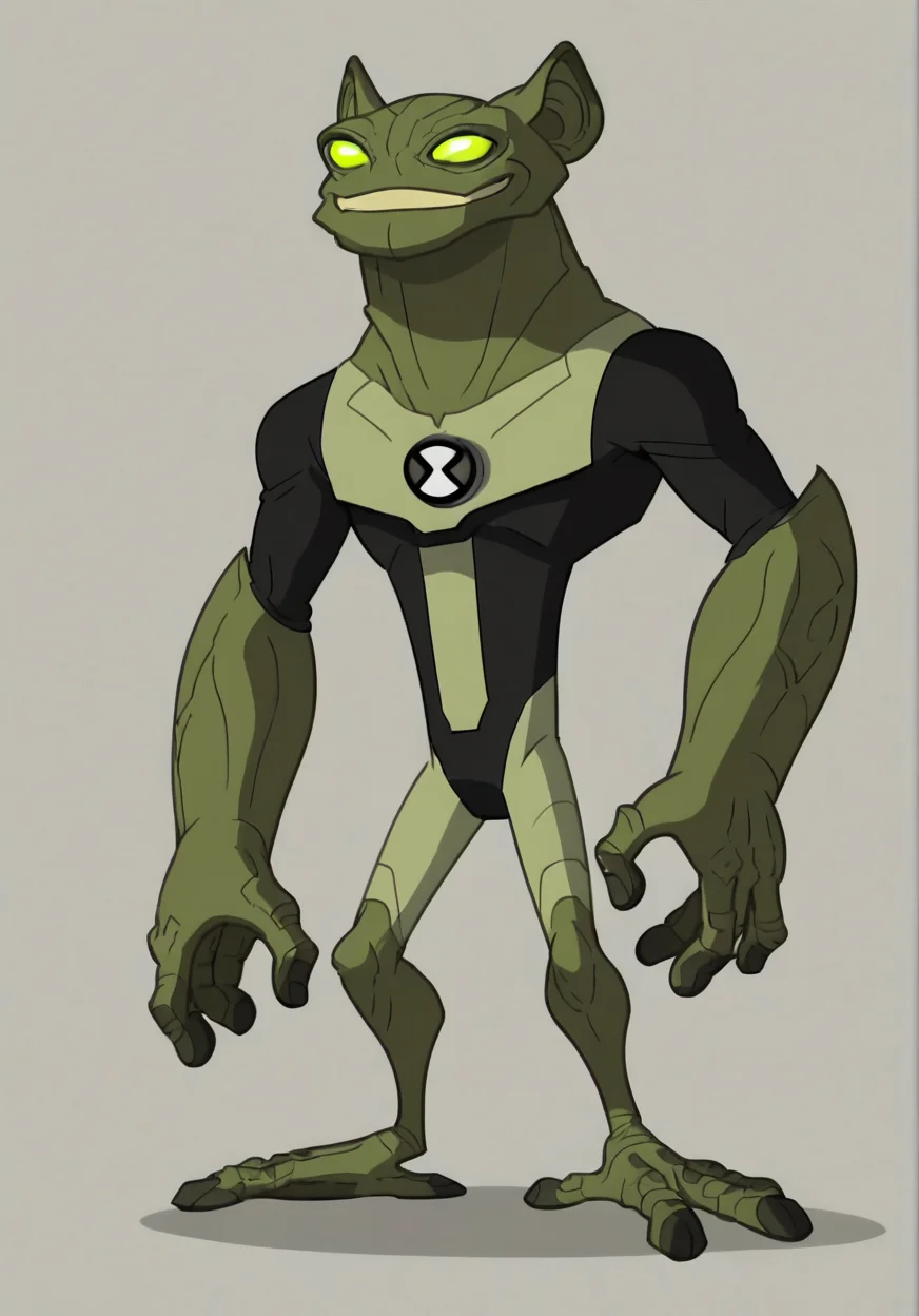 score_9, score_8_up, score_7_up, screencap, <lora:ben10-02:1> ben10, solo, no humans, full body, bodysuit, badge,detailed background, gray frog, anthro, big head, smiling,