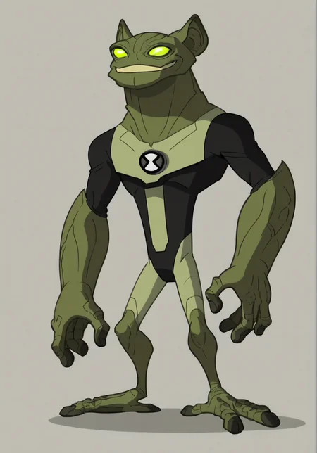 score_9, score_8_up, score_7_up, screencap,   <lora:ben10-02:1> ben10, solo, no humans, full body, bodysuit, badge,detailed background, gray frog, anthro, big head, smiling,