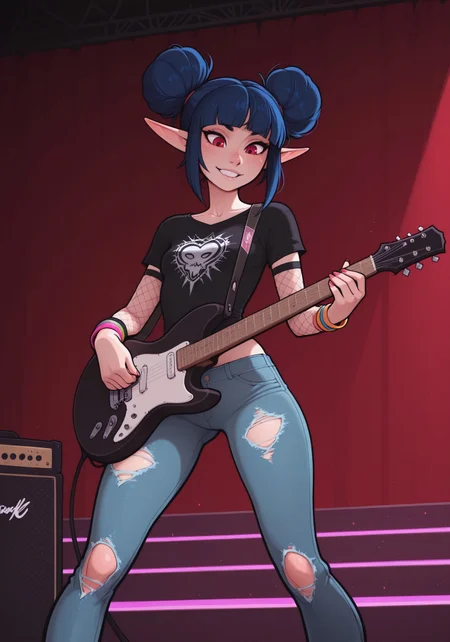 masterpiece, best quality, amazing quality, very aesthetic, absurdres, 5p4rr0w, artist style, solo, 1girl, female focus, lineless, incoth, (incase:0.6), indoors, concert, tall stage platform, lightshow, electric guitar, guitar amp, punk elf, dark blue hair, red eyes, cute face, slim, small breasts, double buns, blunt bangs, beautiful, kawaii, (short ears), concert, black shirt with fishnet arms, ripped jeans, colorful bracelets, playing guitar, high stage, dynamic pose, close up,