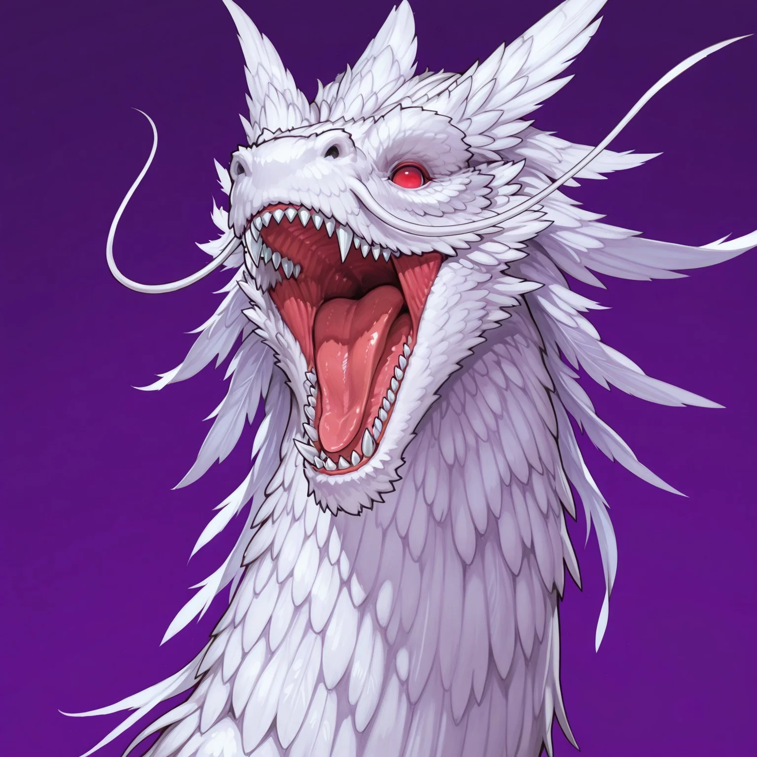masterpiece, best quality, highly detailed, realistic, 1boy, solo, JDYGO, furry, feral, dragon, red sclera, no pupils, 4 whiskers, feathers, white body, white fur, upper body, smile, looking at viewer, open mouth, tongue, sharp teeth, front view, purple background, simple background, arrusa, dutch angle