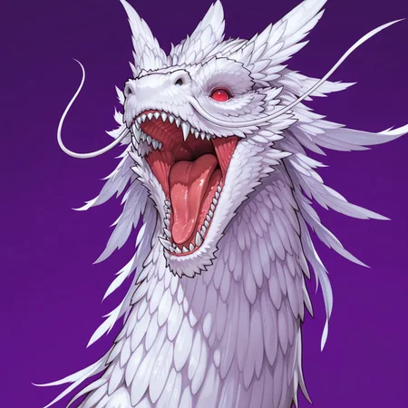 masterpiece, best quality, highly detailed, realistic, 1boy, solo, JDYGO, furry, feral, dragon, red sclera, no pupils, 4 whiskers, feathers, white body, white fur, upper body, smile, looking at viewer, open mouth, tongue, sharp teeth, front view, purple background, simple background, arrusa, dutch angle