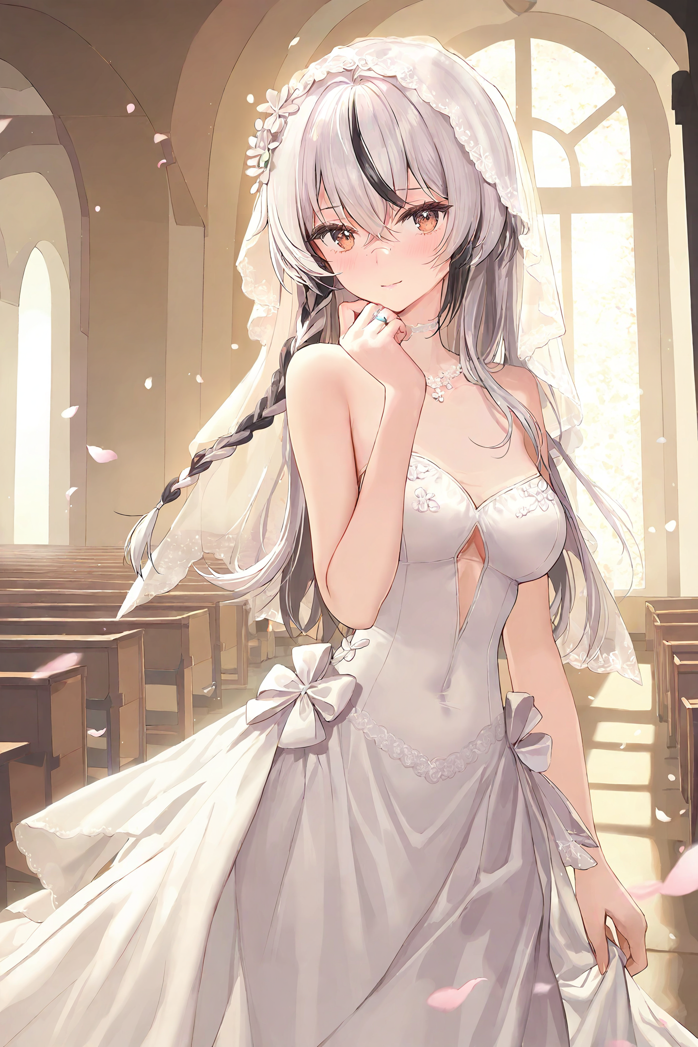 (masterpiece), best quality, amazing quality, very aesthetic, absurdres, newest, 1girl, solo, (cute face), 1girl solo with cute face, cherno, wedding dress, white black hair, brown eyes, multicolored hair, single braid, standing in church, veil, wedding ring, (artist:tokkyu:0.65), (artist:momoko \(momopoco\):0.65), (artist:ask \(askzy\):0.6), (artist:yuyumu:0.4), (artist:dsmile:0.6), (artist:atdan:0.6), (artist:mignon:0.6) <lora:cherno_IL:0.8>