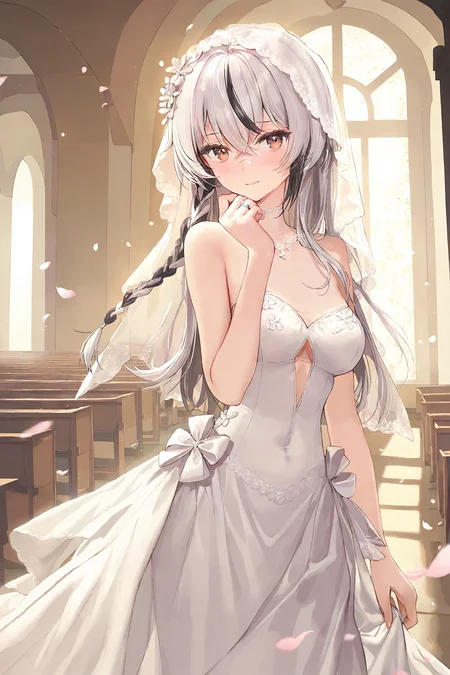 (masterpiece), best quality, amazing quality, very aesthetic, absurdres, newest, 1girl, solo, (cute face), 1girl solo with cute face, cherno, wedding dress, white black hair, brown eyes, multicolored hair, single braid, standing in church, veil, wedding ring, (artist:tokkyu:0.65), (artist:momoko \(momopoco\):0.65), (artist:ask \(askzy\):0.6), (artist:yuyumu:0.4), (artist:dsmile:0.6), (artist:atdan:0.6), (artist:mignon:0.6) <lora:cherno_IL:0.8>