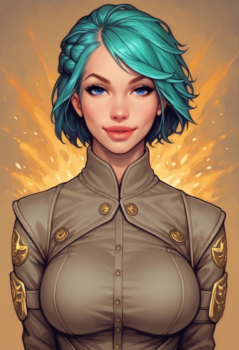 ((((front view))))
beautiful color, aesthetic, 2d,
(zeon pilot:1.3), ((khaki suit)), 
solo, standing, (battleground, explosions:1.5)
1girl, cute face, modest smile
((turquoise hair, folded in french braid, side bang hairstyles)), 	
big natural breasts, 
focused, looking at viewer,
(((full-clothed))), dynamic pose
BREAK 
score_9, score_8_up, score_7_up, score_6_up, source_cartoon, rating_explicit, Expressiveh, (((((upper body))))), dynamic pose