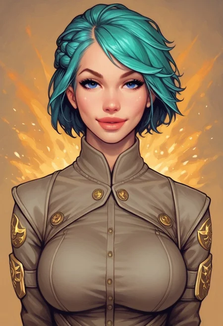 ((((front view))))
beautiful color, aesthetic, 2d,
(zeon pilot:1.3), ((khaki suit)),
solo, standing, (battleground, explosions:1.5)
1girl, cute face, modest smile
((turquoise hair, folded in french braid, side bang hairstyles)),
big natural breasts,
focused, looking at viewer,
(((full-clothed))), dynamic pose
BREAK
score_9, score_8_up, score_7_up, score_6_up, source_cartoon, rating_explicit, Expressiveh, (((((upper body))))), dynamic pose