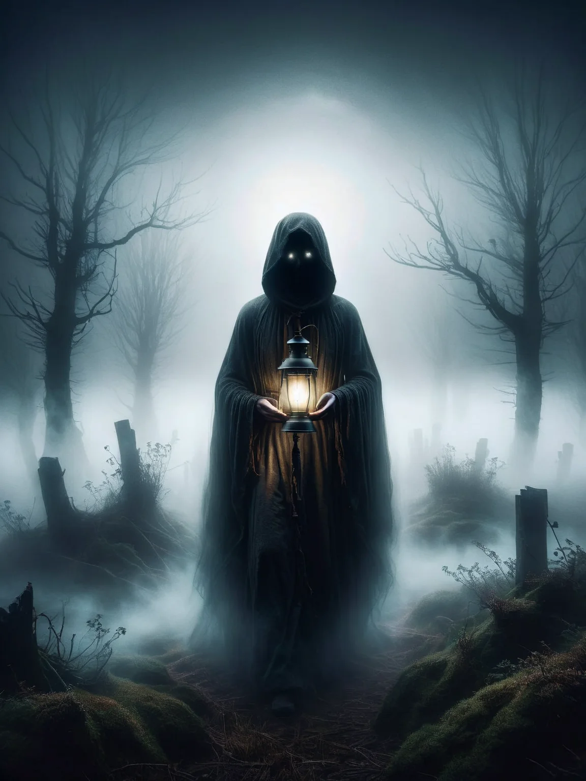 A mysterious ais-crsd cloaked figure holding a lantern, wandering through a fog-enveloped moor, their face hidden in shadow. <lora:ais-crsd-sdxl:1>