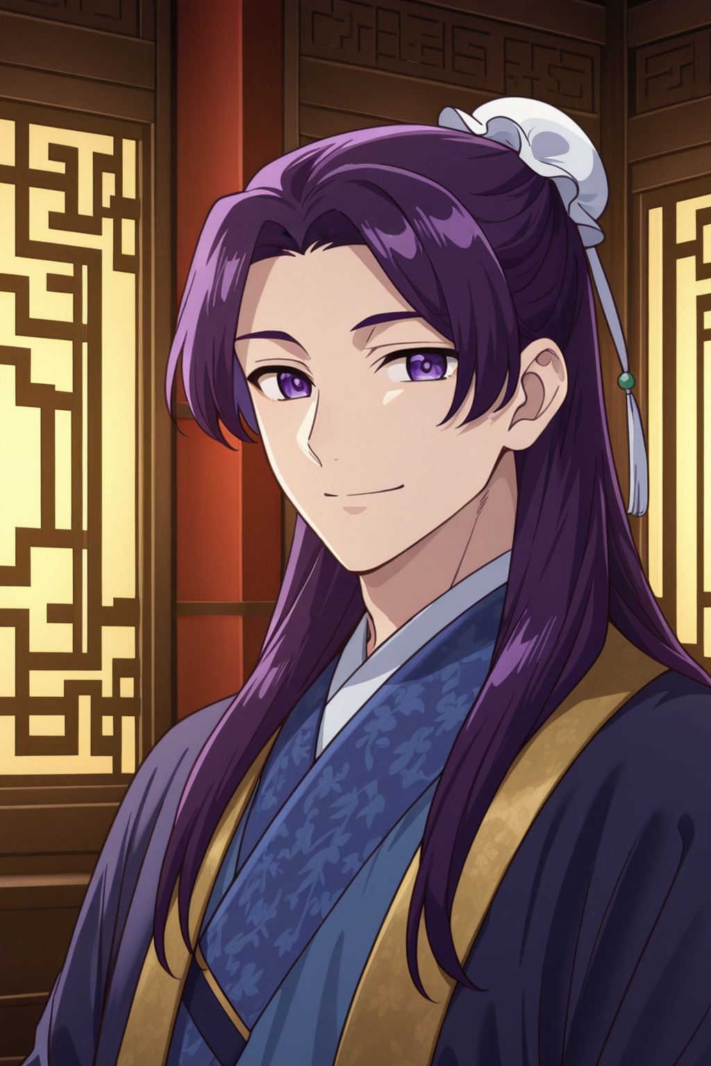 <lora:ApothecaryDiaries:1>, ApothecaryDiaries, 1boy, male focus, solo, purple hair, purple eyes, long hair, hair bun, looking at viewer, bun cover, smile, single hair bun, chinese clothes, closed mouth, parted bangs, japanese clothes, indoors